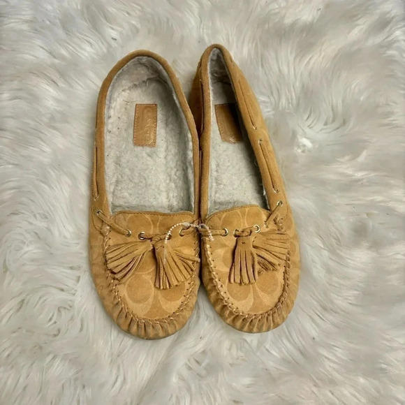 Coach Anita signature cognac tan sherling suede moccasins sz 9.5 - Picture 1 of 8
